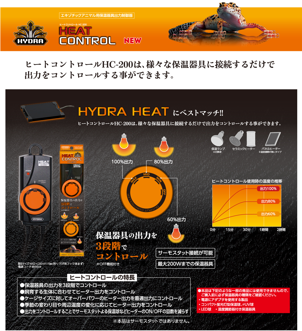 HYDRA CONTROL ヒートコントロールHC-200は、様々な保温器具に接続するだけで出力をコントロールする事ができます。
